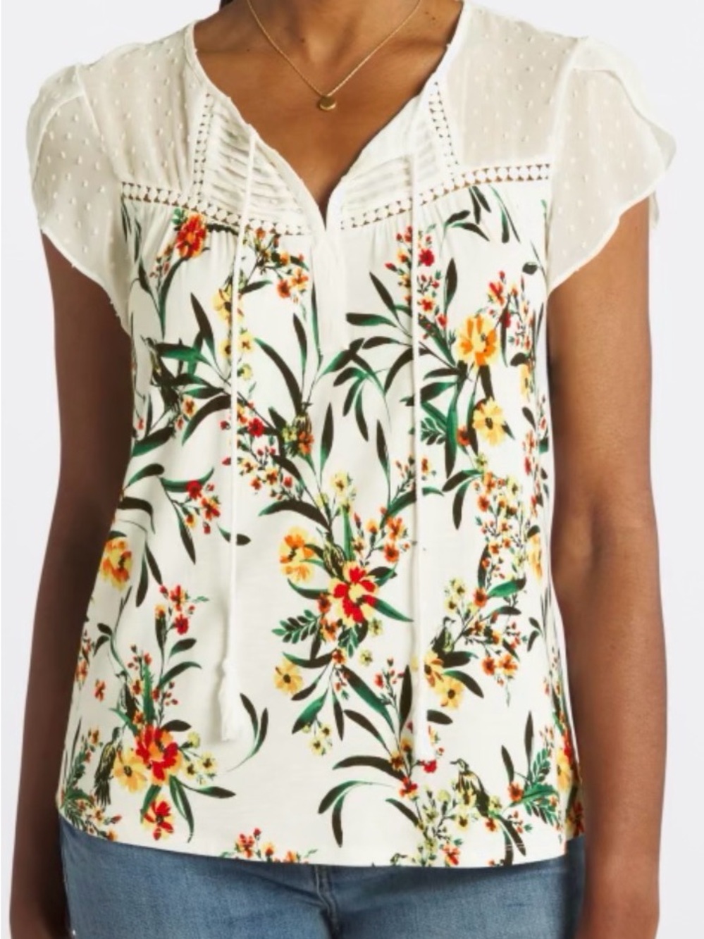 Daniel Rainn Ivory Dot-Textured Peasant Blouse with Yellow Trim